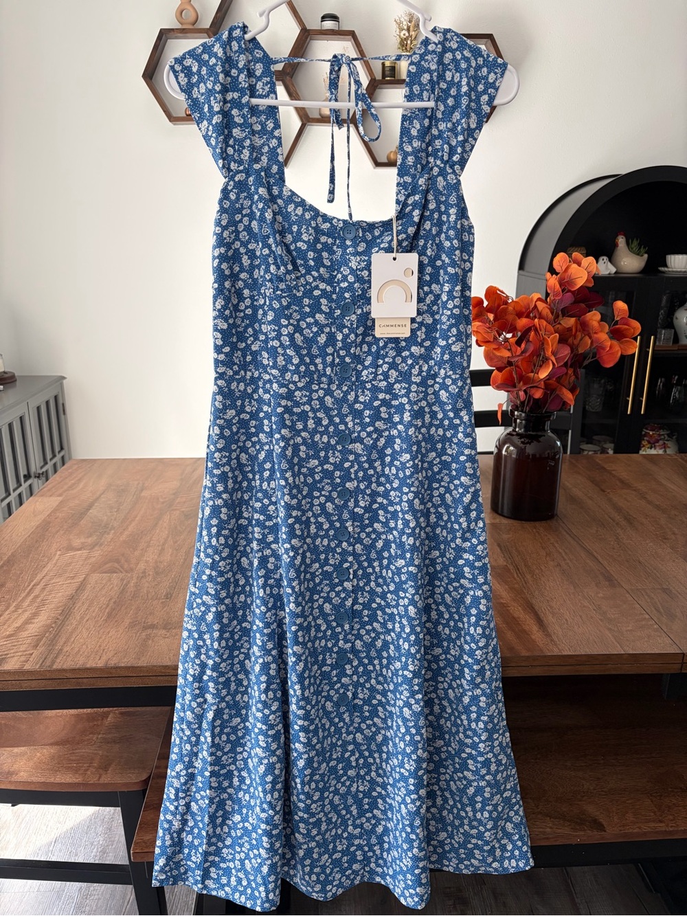 (NEW) Commense Blue Floral Midi Dress with Tie Straps